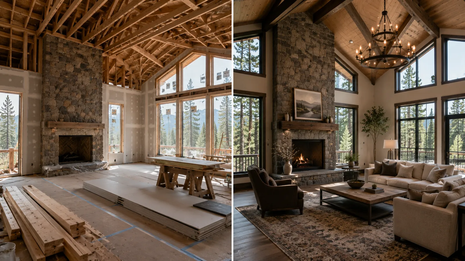Cramped dated interior next to the same room opened up with a raised ceiling and larger windows