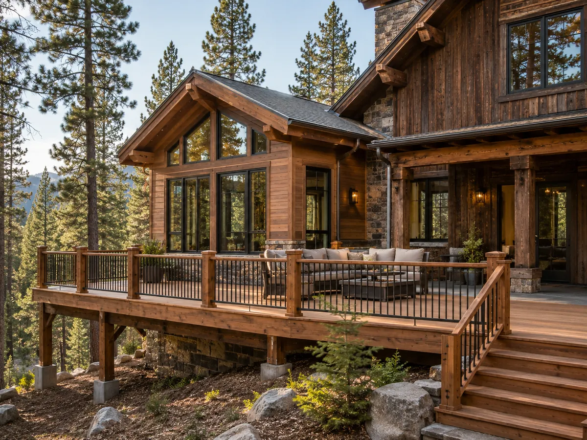 Newly built addition and deck on a mountain home with fresh timber railings