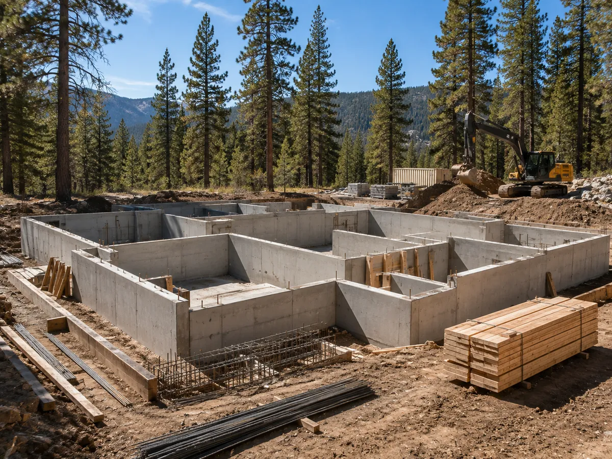 Clean formed and poured concrete foundation on a forested mountain lot