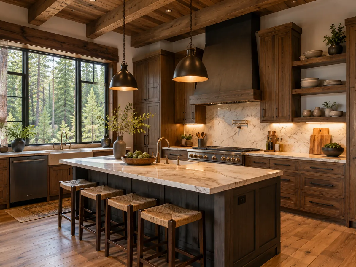 Finished mountain kitchen with custom cabinetry and a large stone island