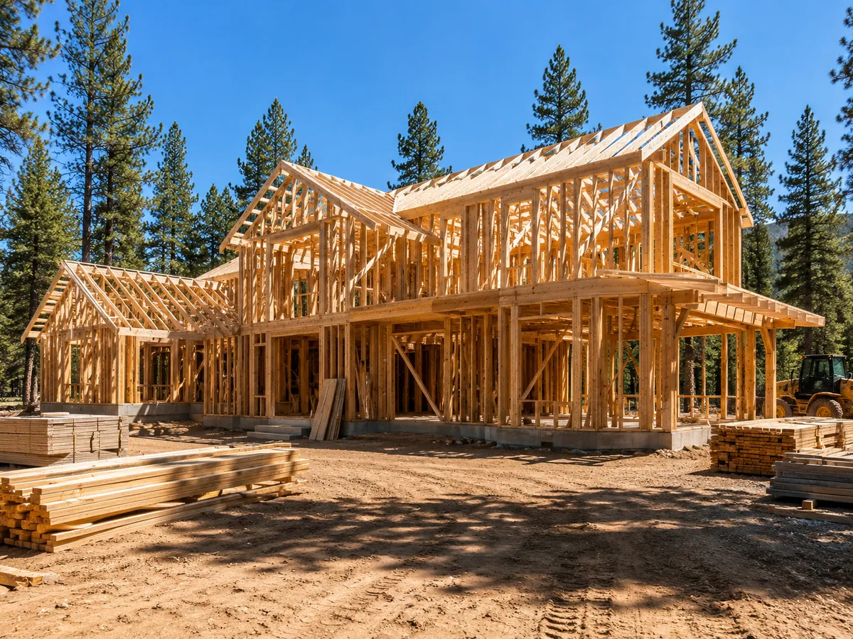 New mountain home under construction at the framing stage on a clean, organized site