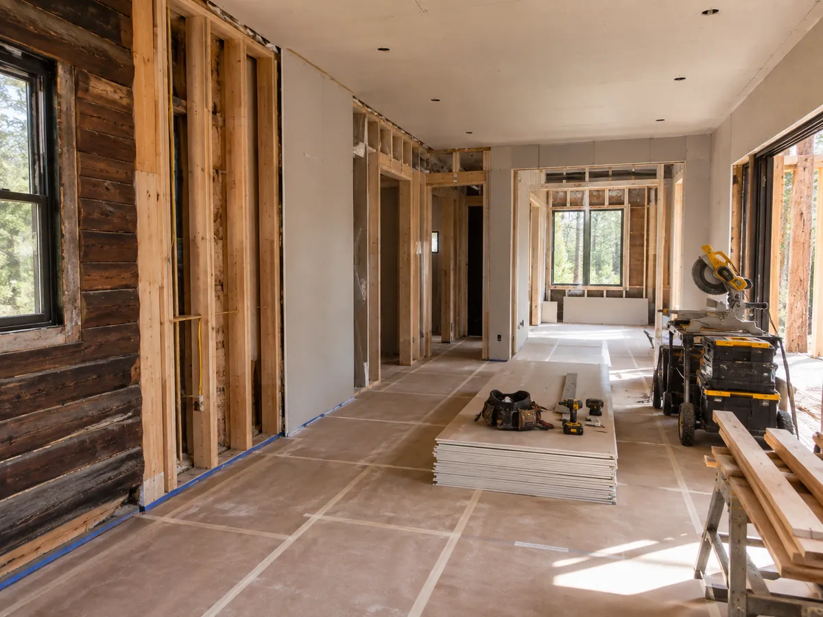 Interior of a home mid-remodel with new framing beside an existing wall, floors protected